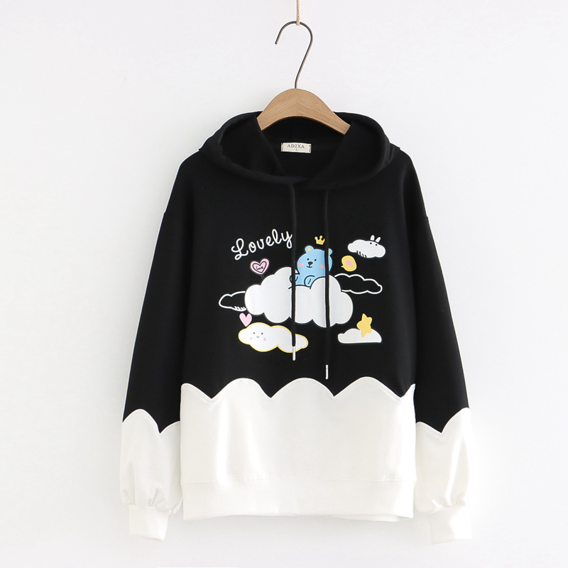 Printed Color-blocking Thin Long-sleeved Hooded Sweatshirt