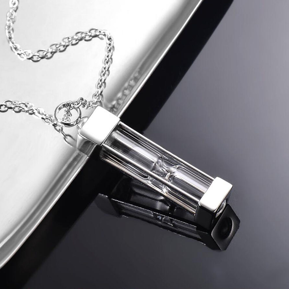 Square Tube Hourglass Glass Titanium Steel Necklace