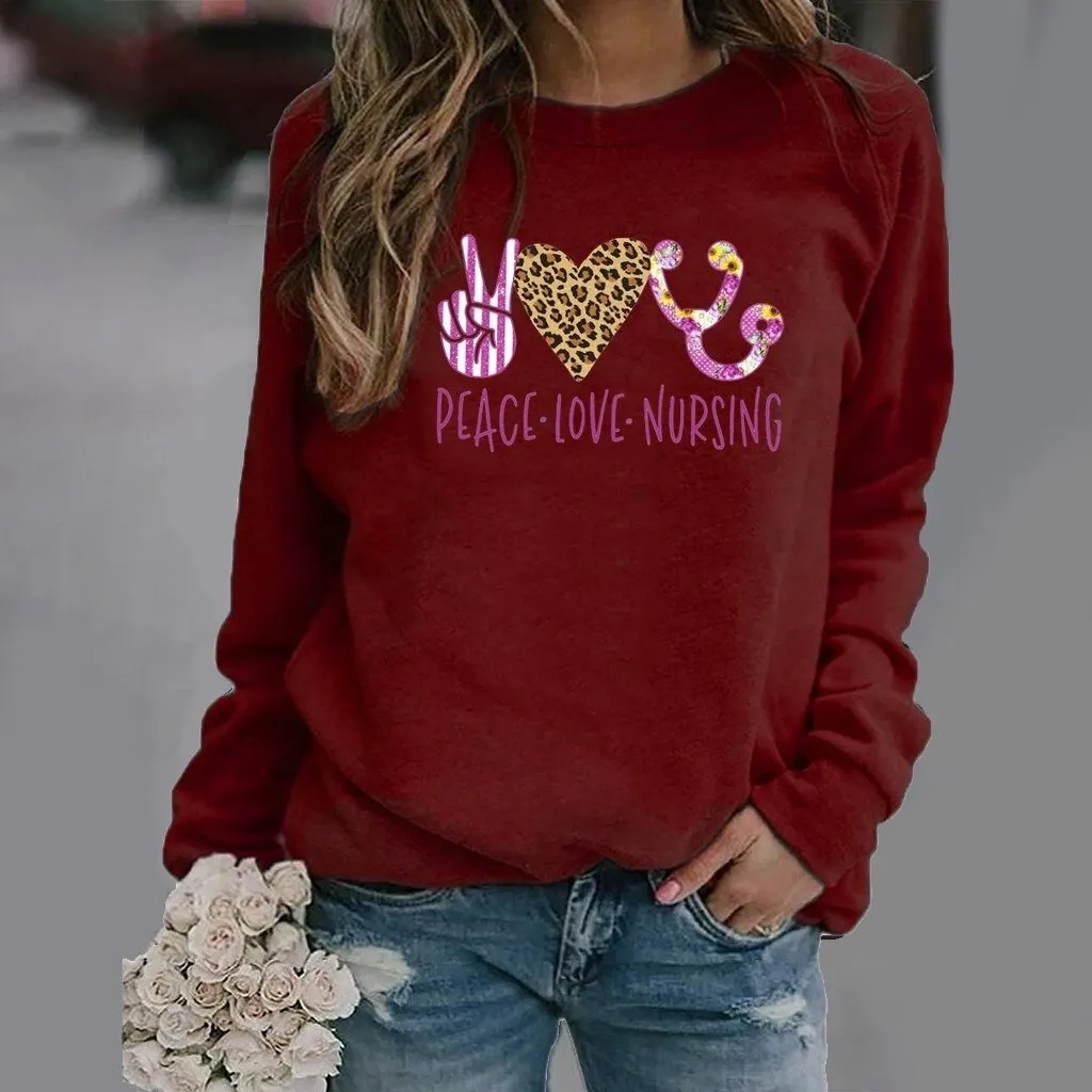 Pattern Printing Long-Sleeved Round Neck Sweater Women - Wine
