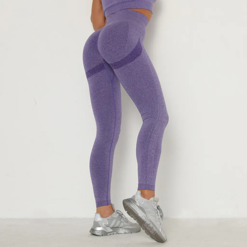 Seamless Knitted Peach Hip Women's Tight Elastic Yoga Pants High Waist Quick-drying Hip Pants - Purple