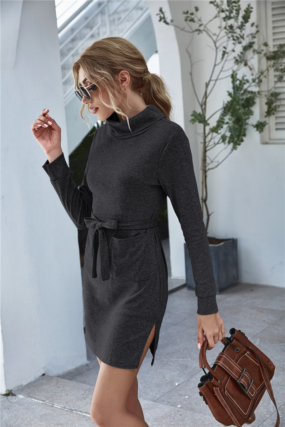 Ladies Dress With High Collar And Long Sleeves Lace Pockets