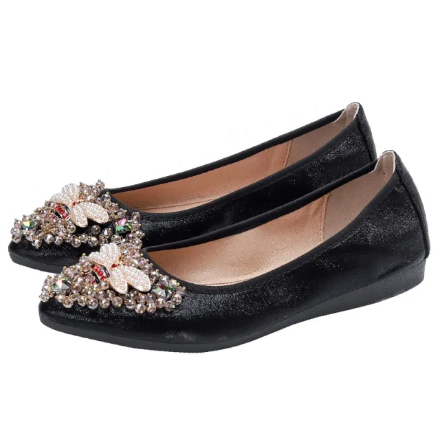 Rhinestone Single Shoes Women Korean Student Casual Shoes Black - Shop at LoveMi