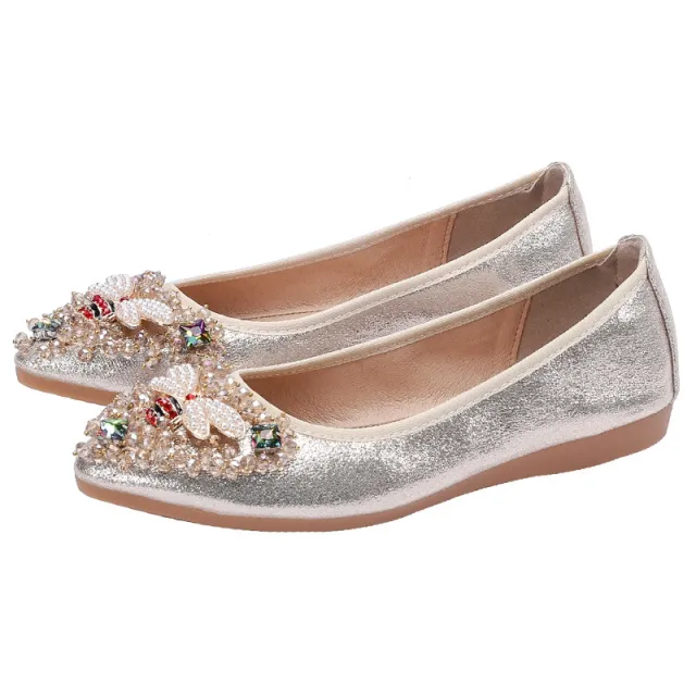 Rhinestone Single Shoes Women Korean Student Casual Shoes Gold - Shop at LoveMi