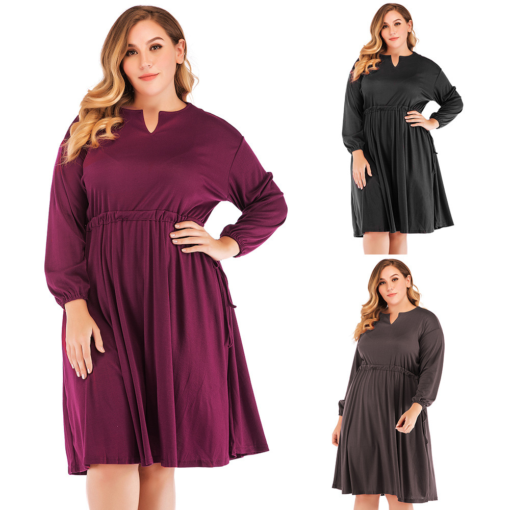 Solid Color Geometric Collar Loose Big Swing Long Sleeve Dress