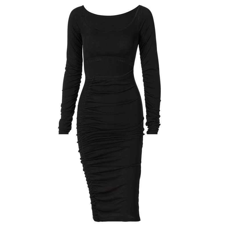 Solid Color Round Neck Long Sleeve Pleated Dress