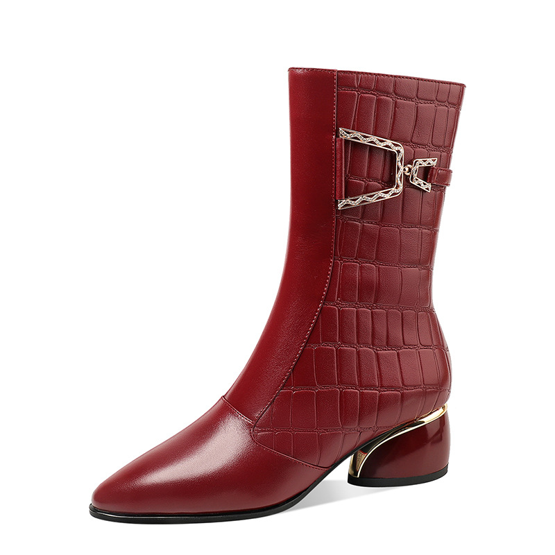Burgundy Plus Cashmere Martin Boots Women All-Match Leather Boots Children