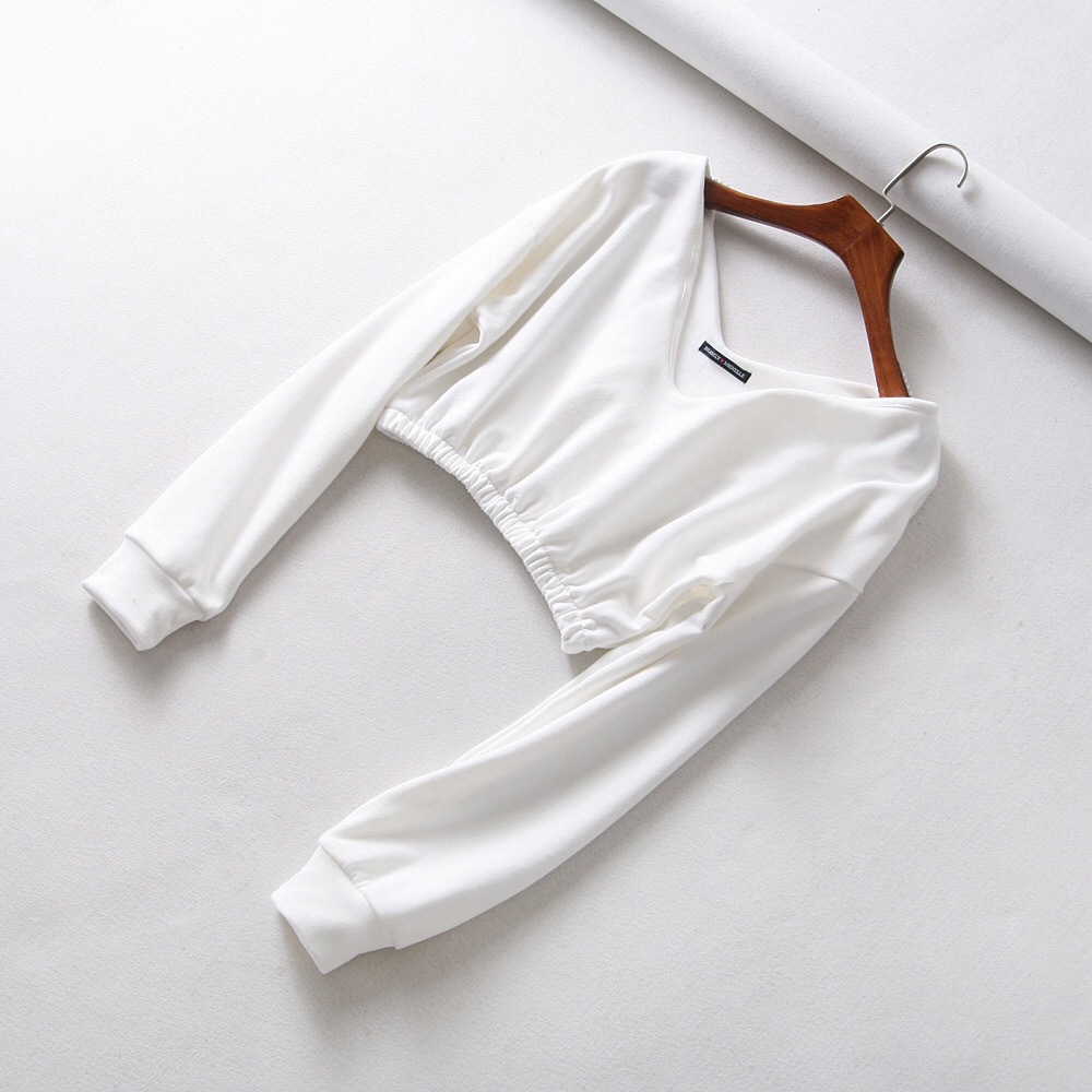 Autumn Double V-neck Solid Color Sweatshirt High Waist Navel Sweater