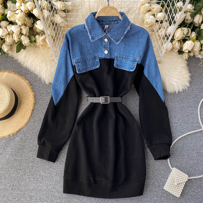 Fashion Retro Denim Stitching Slim Dress
