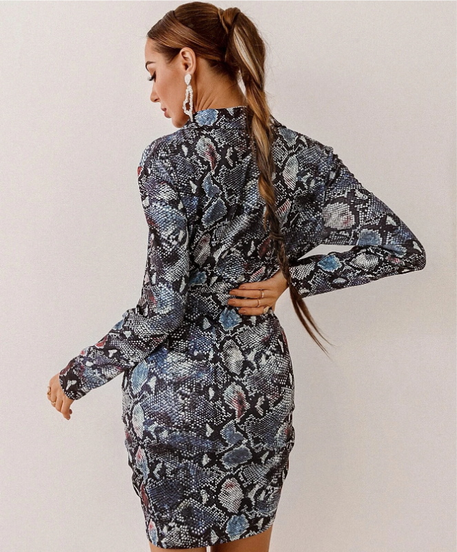 V-Neck Pleated Zipper Short Long Sleeve Dress