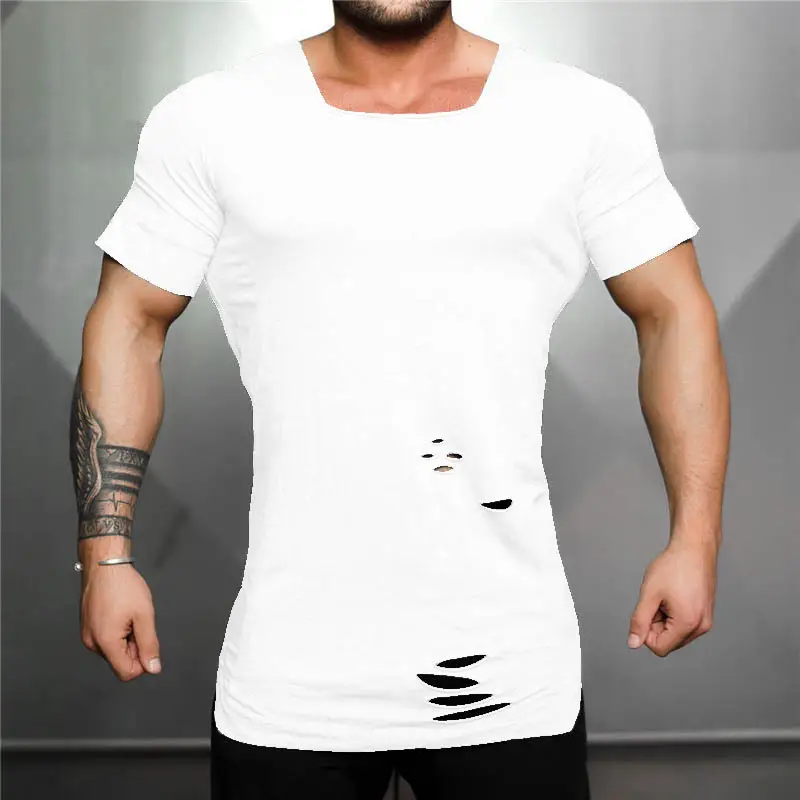 Short-sleeved T-shirt Men's Square Collar Hole Made Old Personality