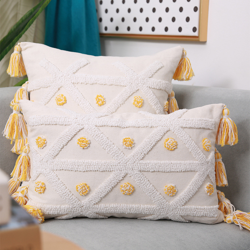 Hand-Embroidered Tufted Geometric Tassel Pillowcase