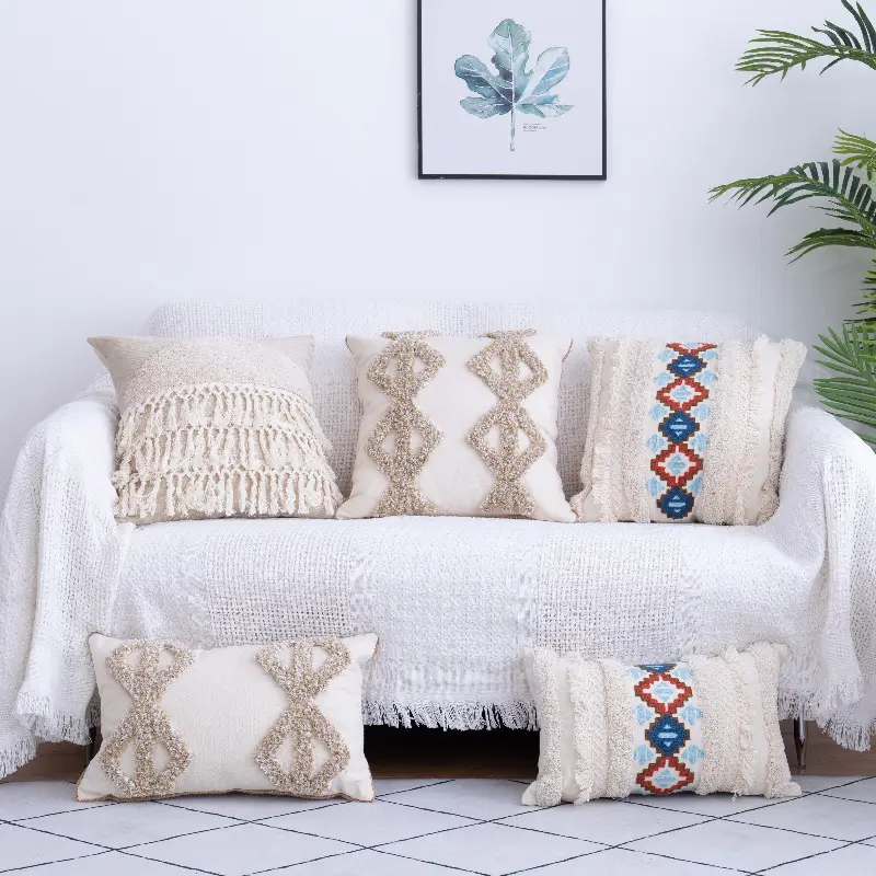 Tufted Throw Pillow Moroccan Fringed Waist Case