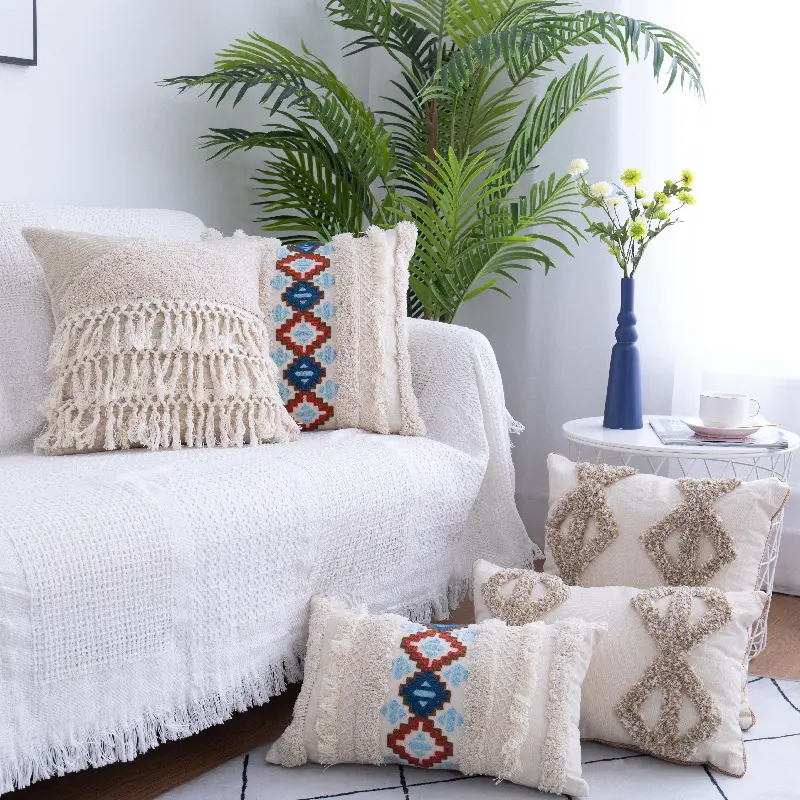 Tufted Throw Pillow Moroccan Fringed Waist Case