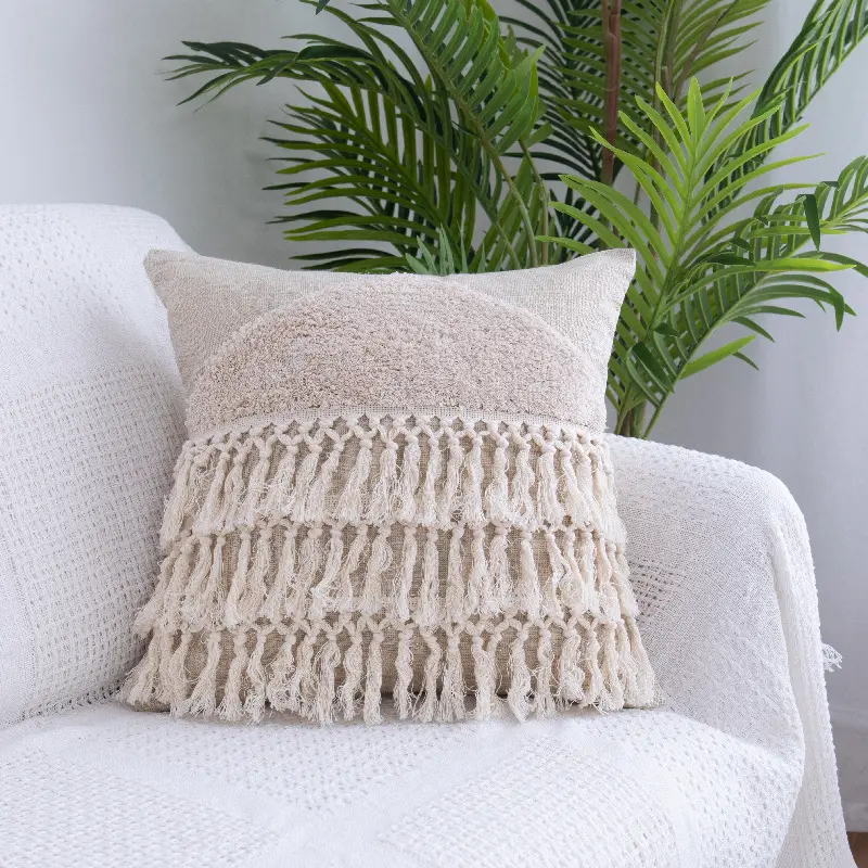 Tufted Throw Pillow Moroccan Fringed Waist Case