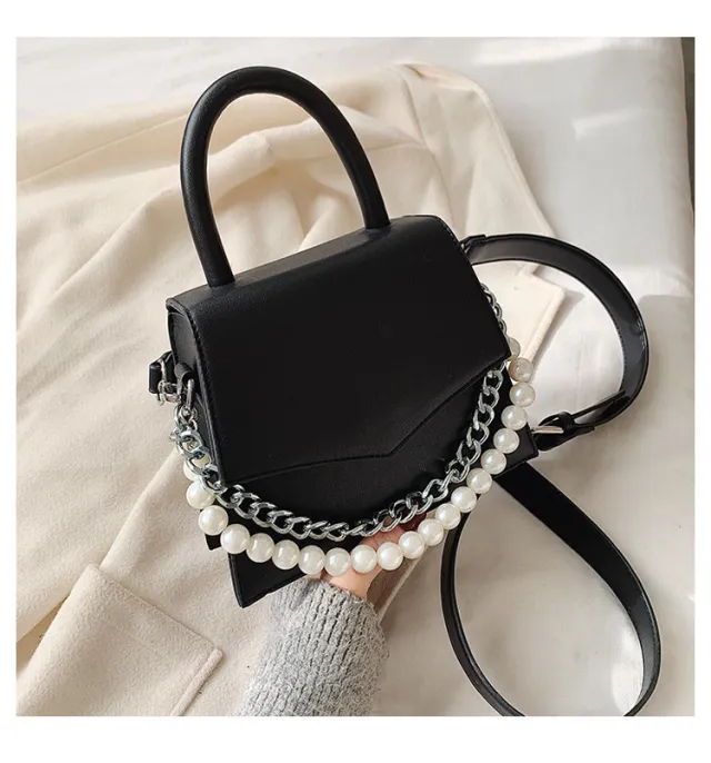 Korean Chain Pearl Portable Small Square Bag Black - Shop at LoveMi