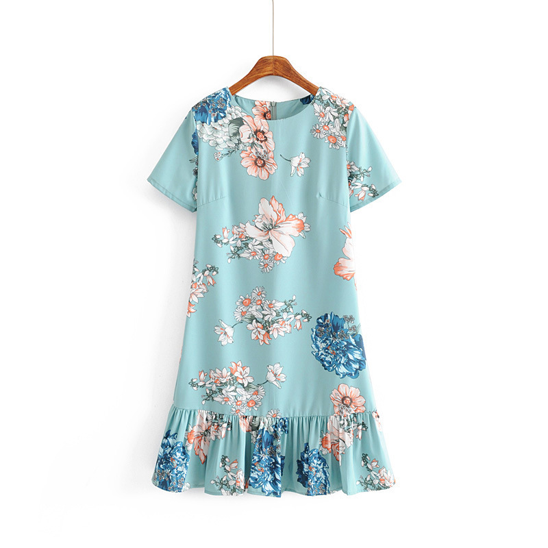 Round Neck Flower Print Short Sleeve Mermaid Dress