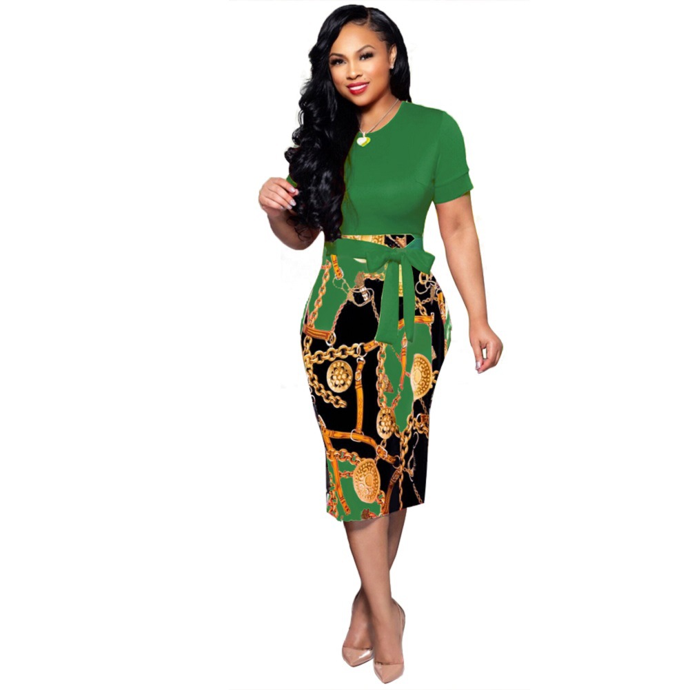 Fashion Printed Zipper Short Sleeve Tight Dress