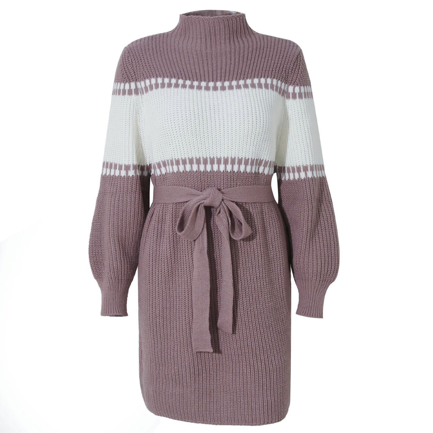 Half High Neck Lantern Sleeve Color Block Sweater Dress