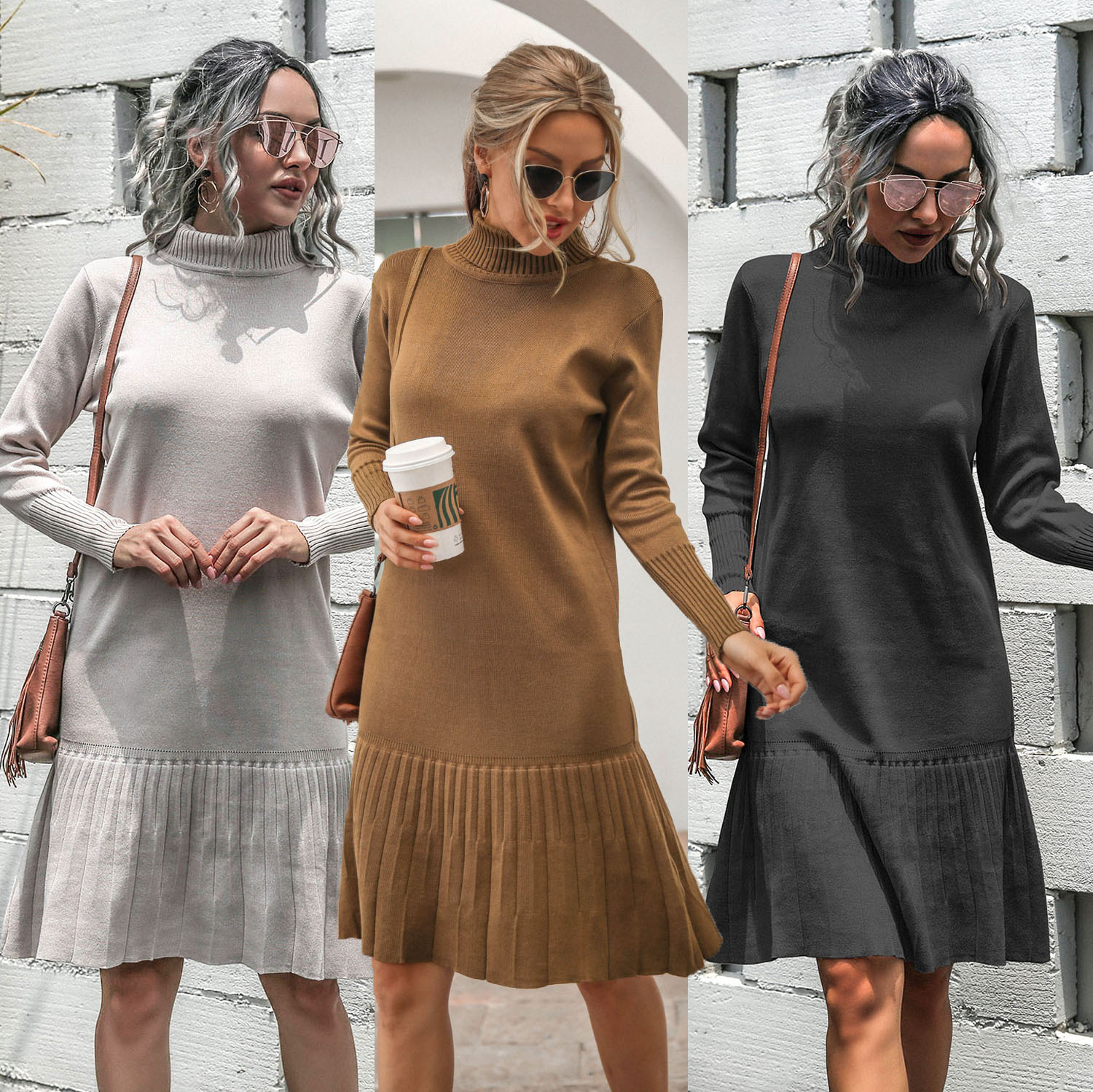 High Neck Long Sleeve Ruffled Pleated Knitted Dress