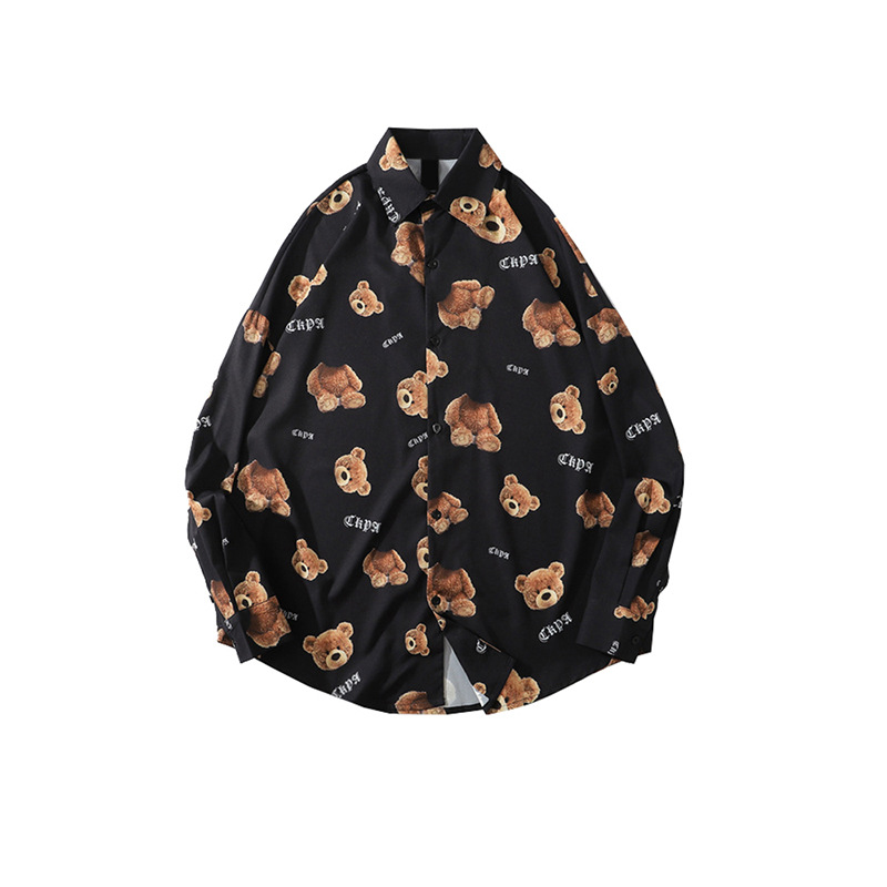 Bear Print Long-sleeved Shirt Men and Women High Street Drop Shoulder Shirt