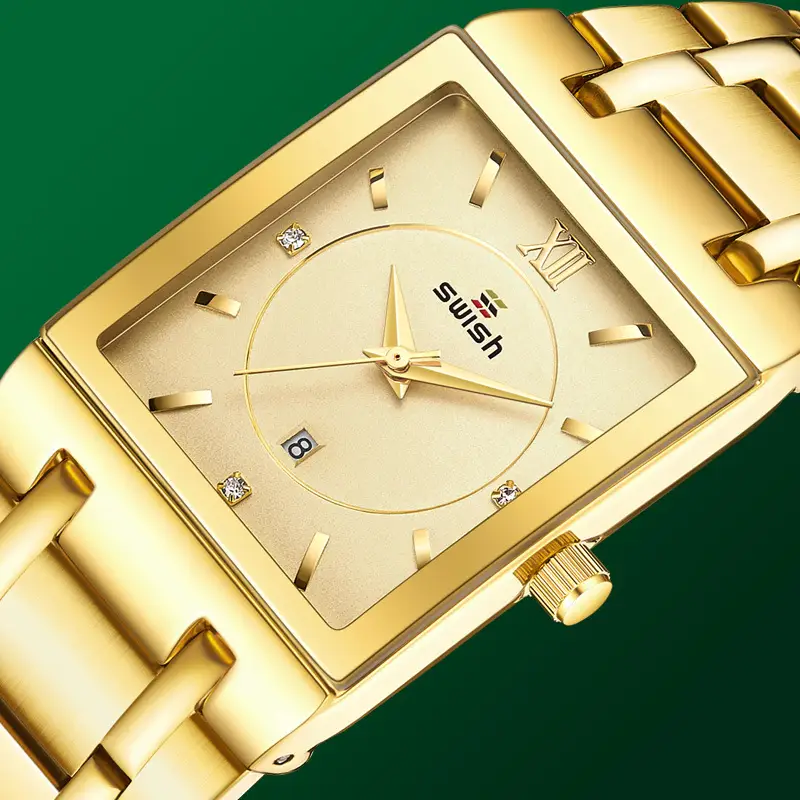 Analog Quartz Calendar Watch with Metal Band and Water Resistance
