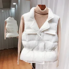Small Korean Style Stand-Up Collar Loose Waist Down Jacket Vest Waistcoat Vest - Tan - View 1