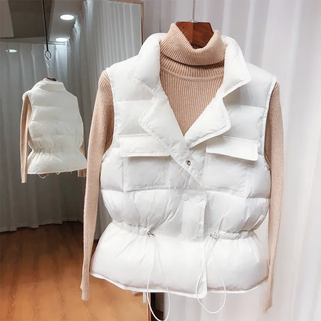 Small Korean Style Stand Up Collar Loose Waist Down Jacket Vest Waistcoat Vest Tan - Shop at LoveMi