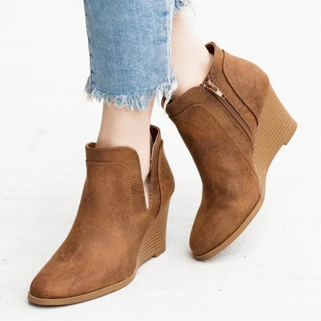 Wedge Heel Retro Roman Side Zipper Ladies Single Shoes Coffee - Shop at LoveMi