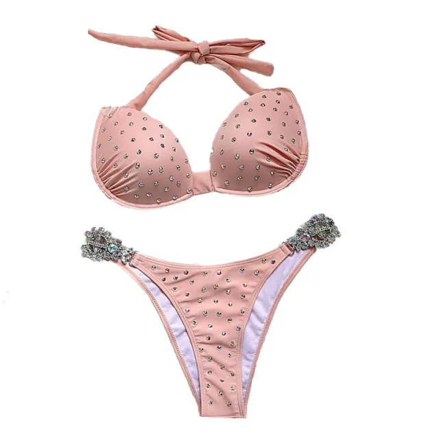 Crystal Diamond Bikini High End Triangle Strap Bikini Pink - Shop at LoveMi