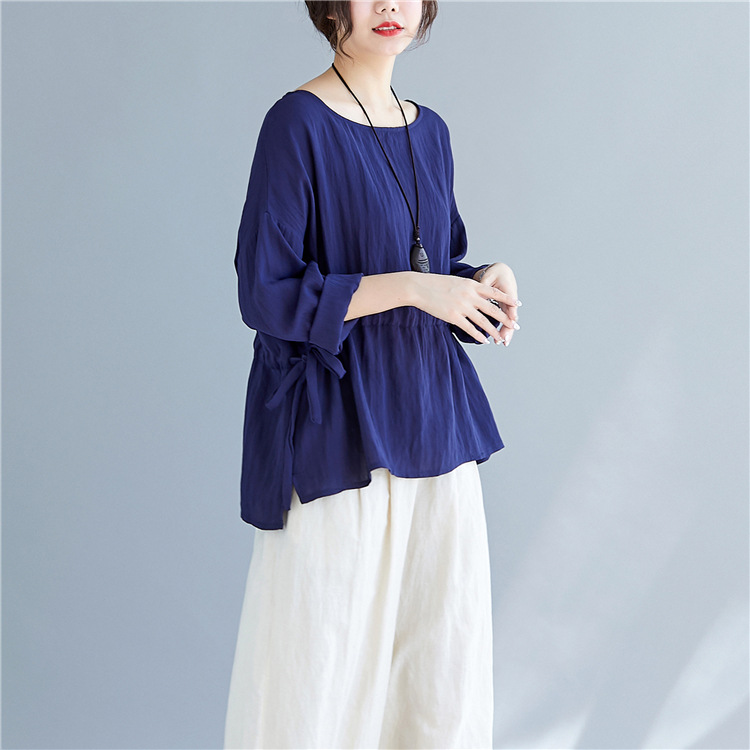 New Product Drawstring Waist Literary Long-Sleeved Top