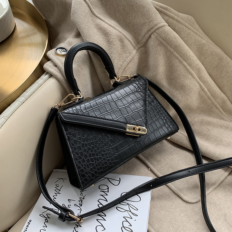 New Trendy Fashion One Shoulder Handbag Stone Grain Cross Body Small Square Bag Black - Shop at LoveMi