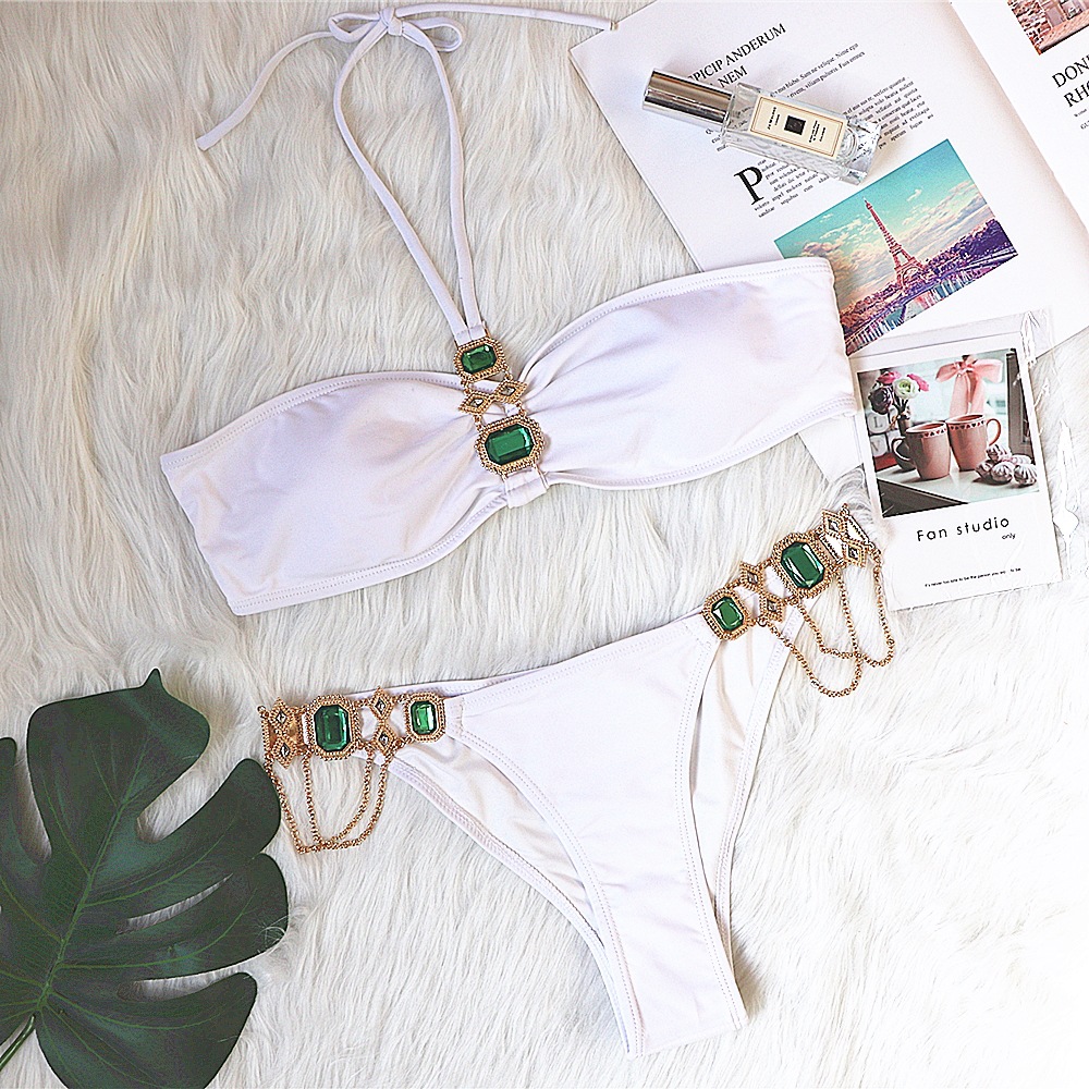 Sexy Luxury Crystal Diamond Chain Female Split Swimsuit