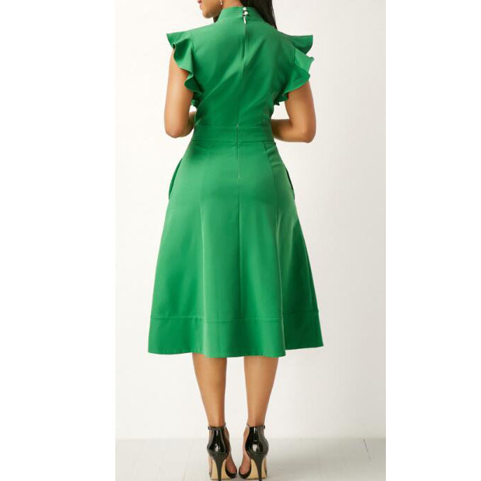 Solid Color Flying Sleeve High Waist Slim Party Dress