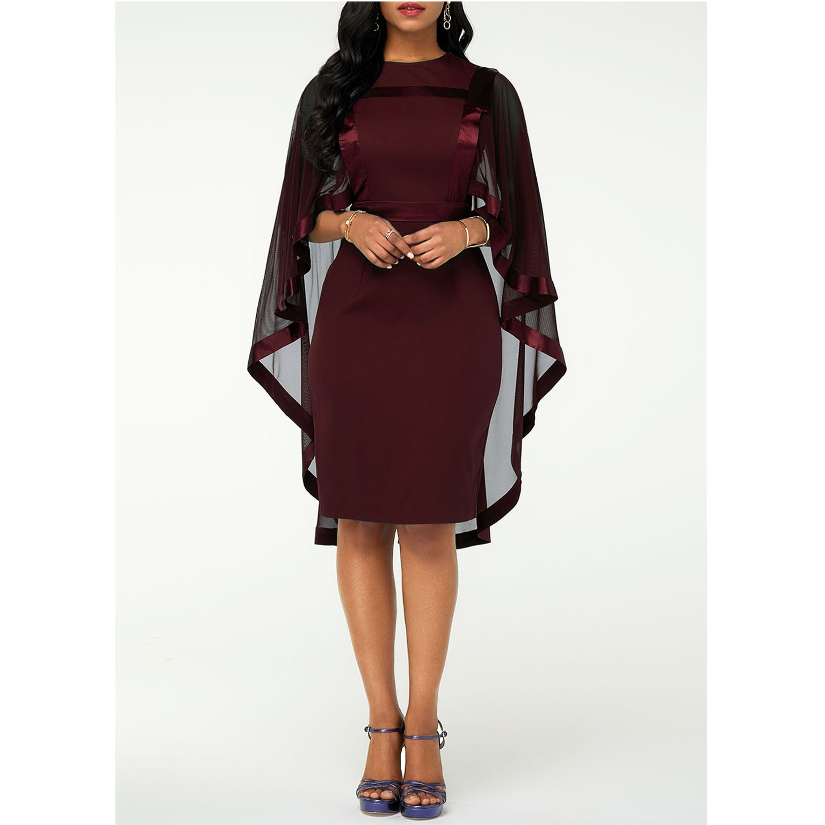 European And American Pure Color Elegant Mesh Stitching Slim Dress