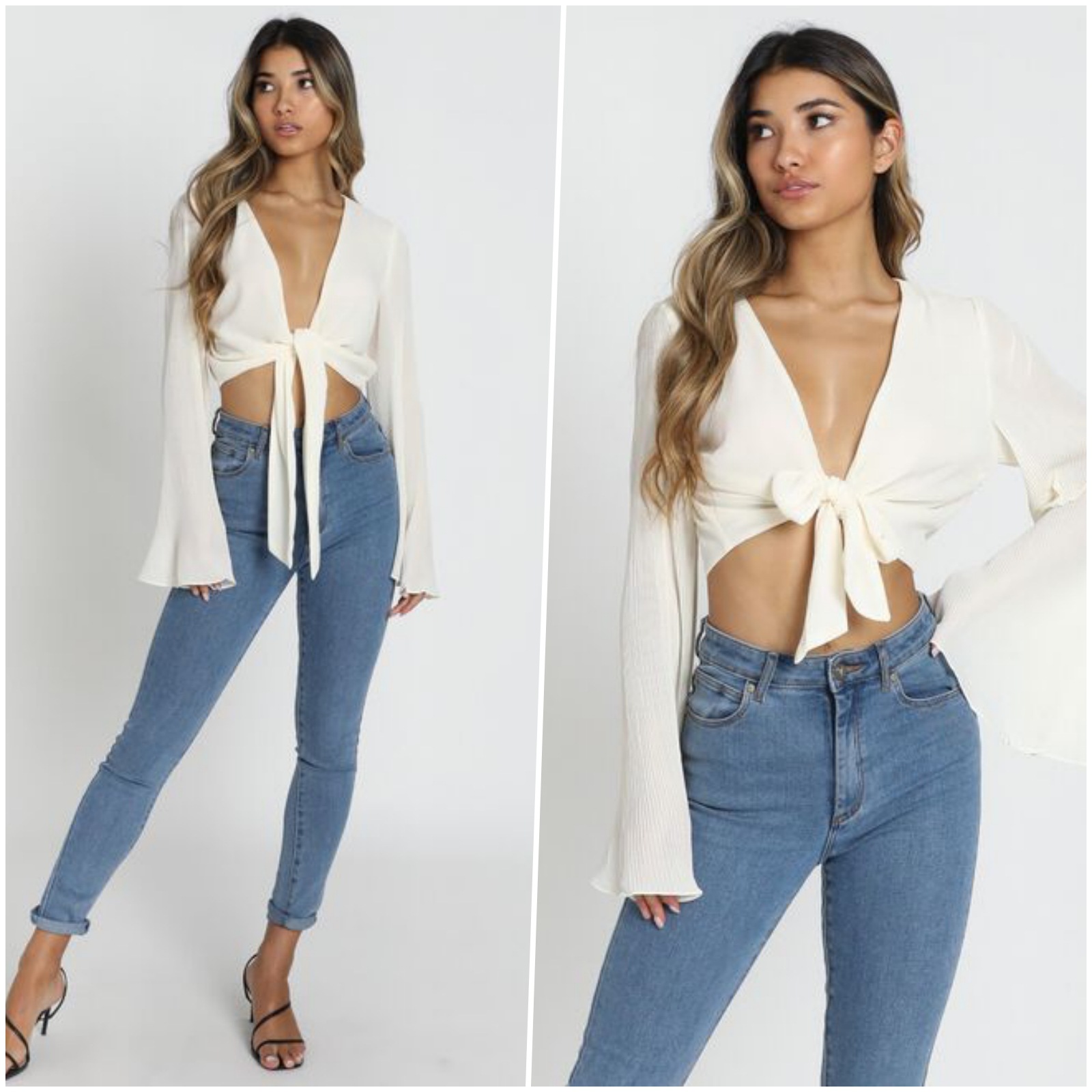 Women's Chiffon Flared Sleeve Sexy Solid Color V-neck Tie Shirt