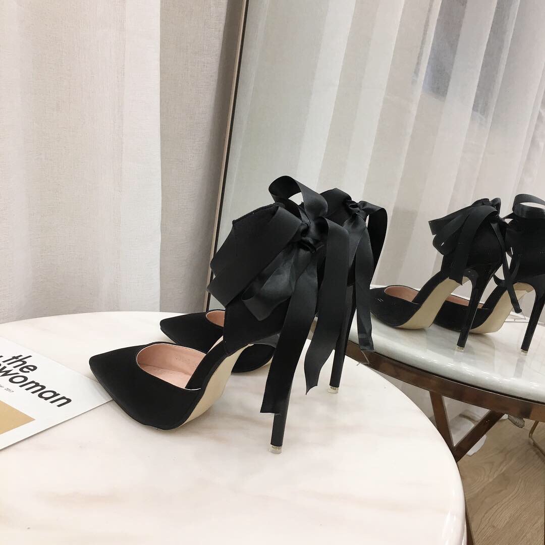 Hollow Satin Pointed Toe Stiletto Sandals Black - Shop at LoveMi