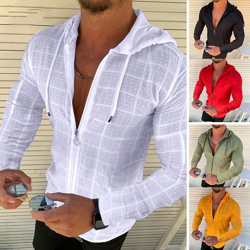 Men's Casual Slim Long Sleeve Shirt Hooded Cardigan