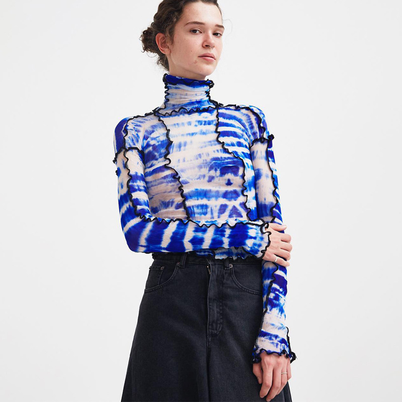 Women's Long Sleeve High Collar Fashion Printing and Dyeing Slim T-shirt Women