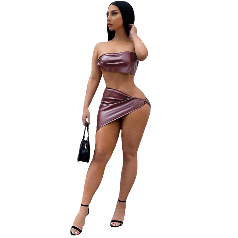 PU Sexy Halter Tube Top Irregular Skirt Two-Piece Suit