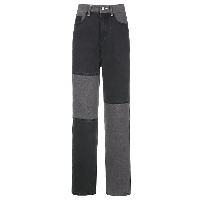 Women's Gray And Black Contrast Stitching Hip-Hop Street Style Jeans Women - Gray