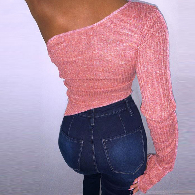 Slanted Shoulder Long Sleeve Hollow Tether Short T-shirt