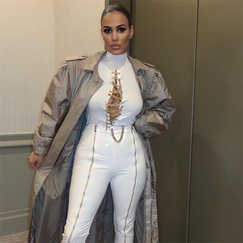 Long-Sleeved High-Neck Accessories Metal Chain Top