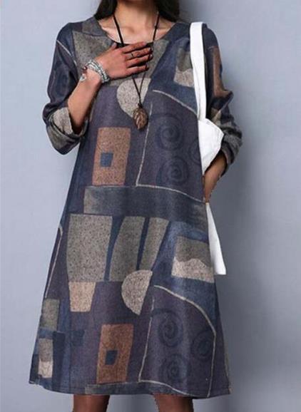 Autumn And Winter New Hot Sale Round Neck Retro Printing Long Sleeve Dress Women