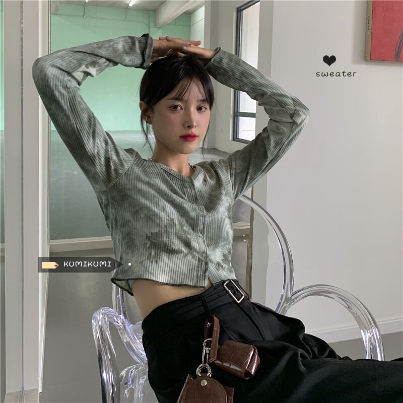 Early Autumn Thin Long-Sleeved Cardigan Tie-Dye T-Shirt