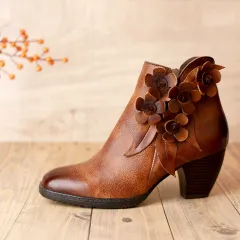 Women's Original Handmade Flower Shining Boots Mid-Heel Short Boots - Brown - View 1