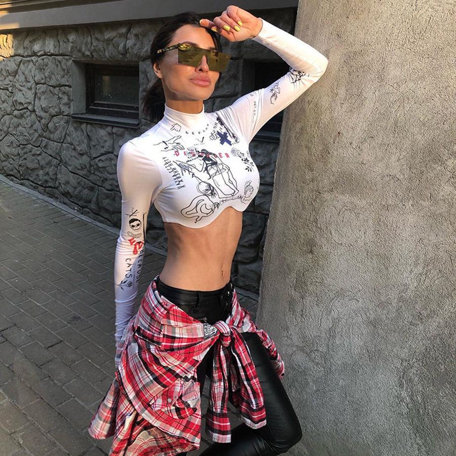 Long Sleeve Round Neck Print Irregular Top