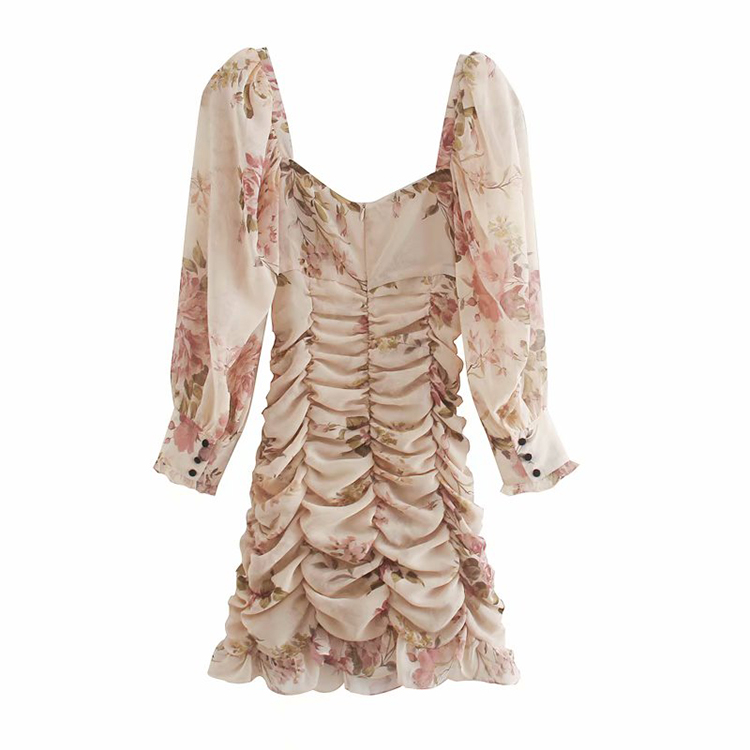 European And American New Style Pleated Print Dress Square Neck Slim Skirt