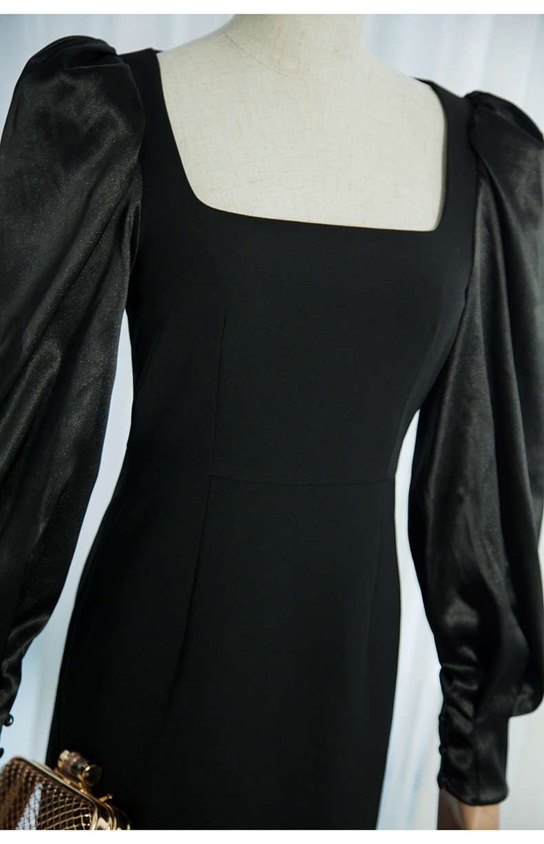 French Vintage Organza Little Black Dress With Puffy Sleeves And Waist