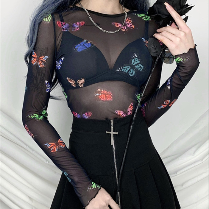 Sexy Perspective Printed Butterfly Long Sleeve T-shirt