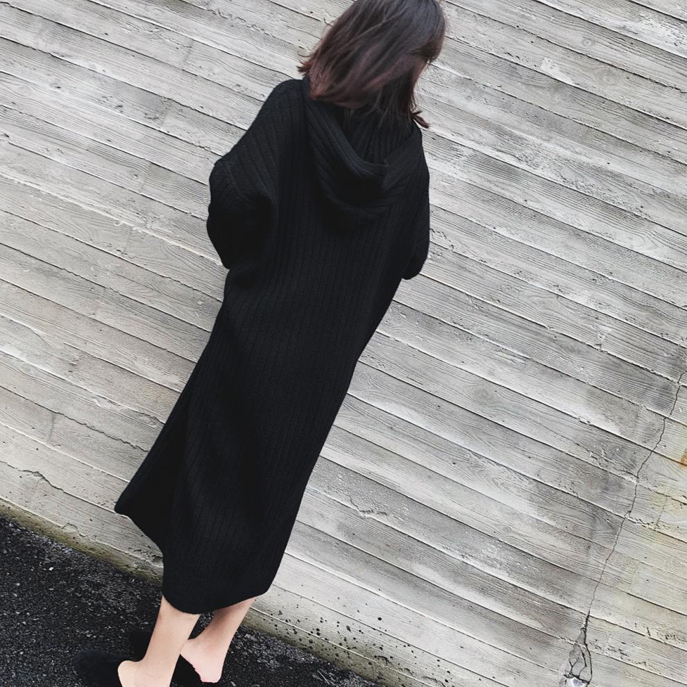 Fashion Long Loose Hooded Over-Knee Knitted Dress